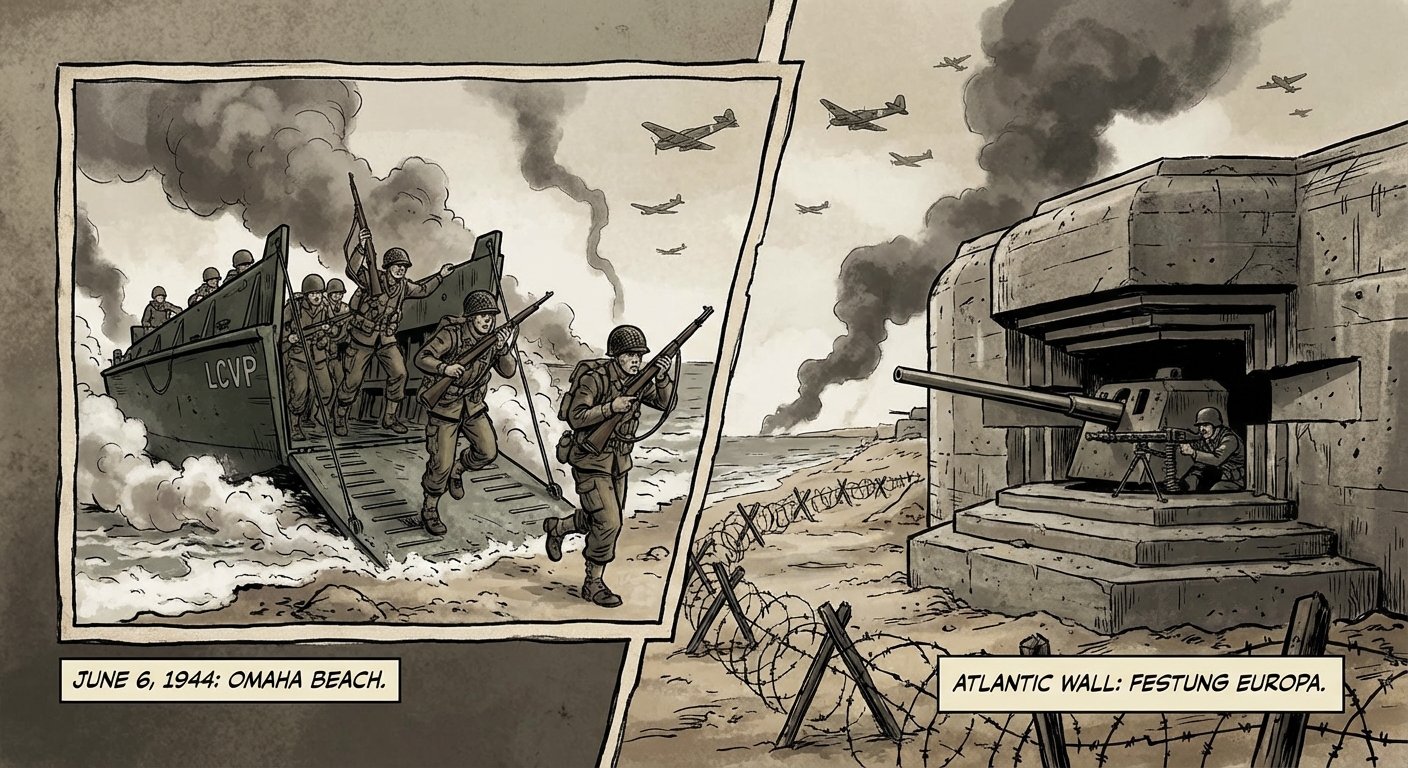 Higgins boats against Atlantic Wall defenses