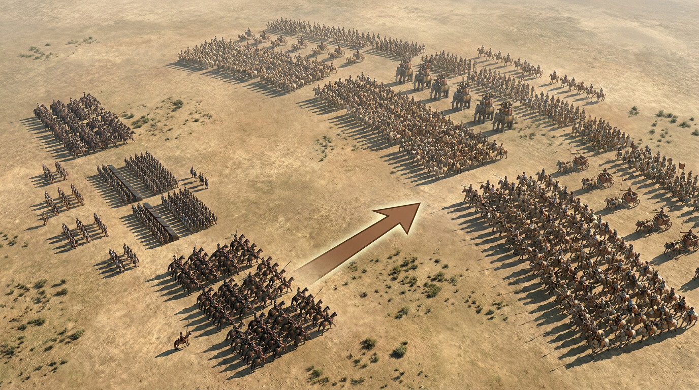 Map/overview panel: The battlefield of Gaugamela from above, showing the Persian prepared plain, the two armies deployed, and Alexander's oblique advance marked as a controlled rightward drift.