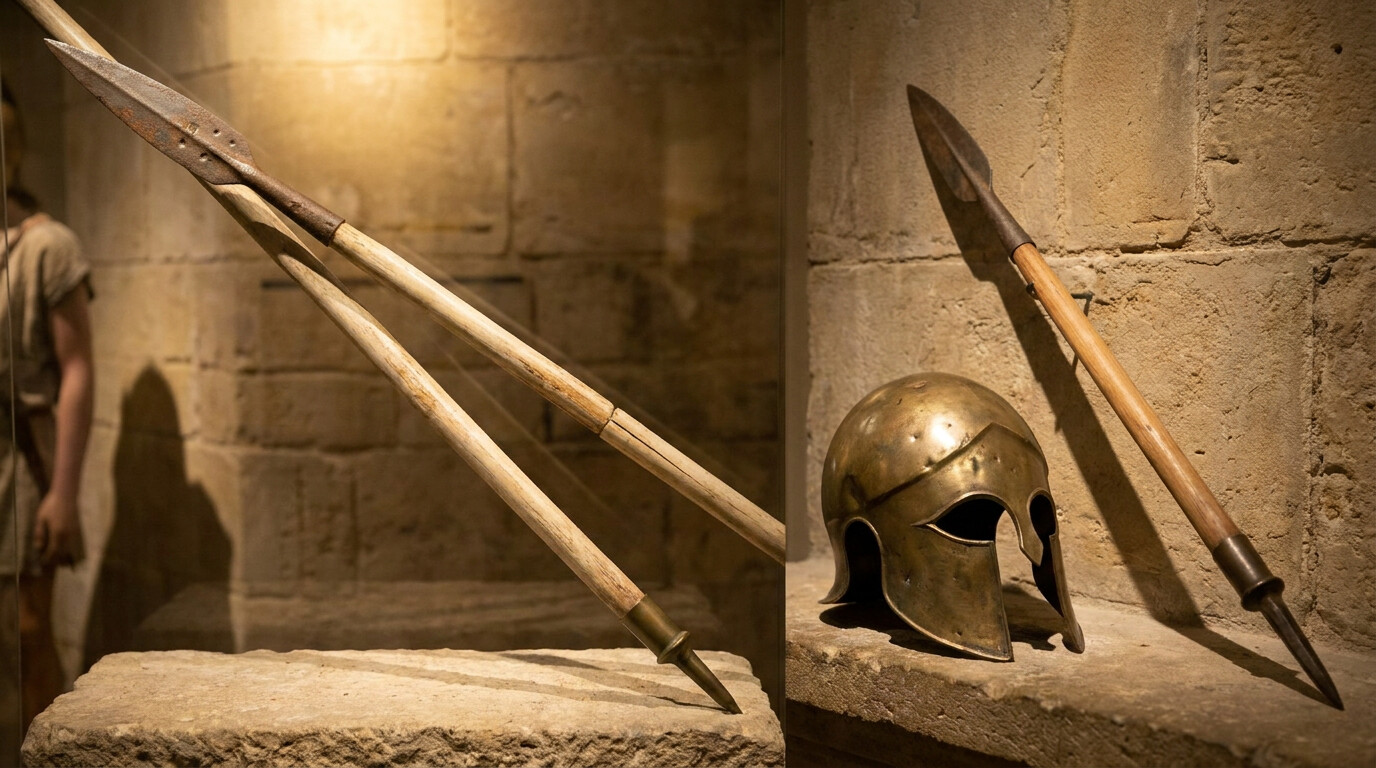 Equipment panel: Close-up detail of the sarissa — the Macedonian pike — showing its extraordinary length, the butt spike for counter-balance and ground-planting, and the iron leaf-shaped head, alongside the bronze Boeotian helmet of a Companion cavalryman.