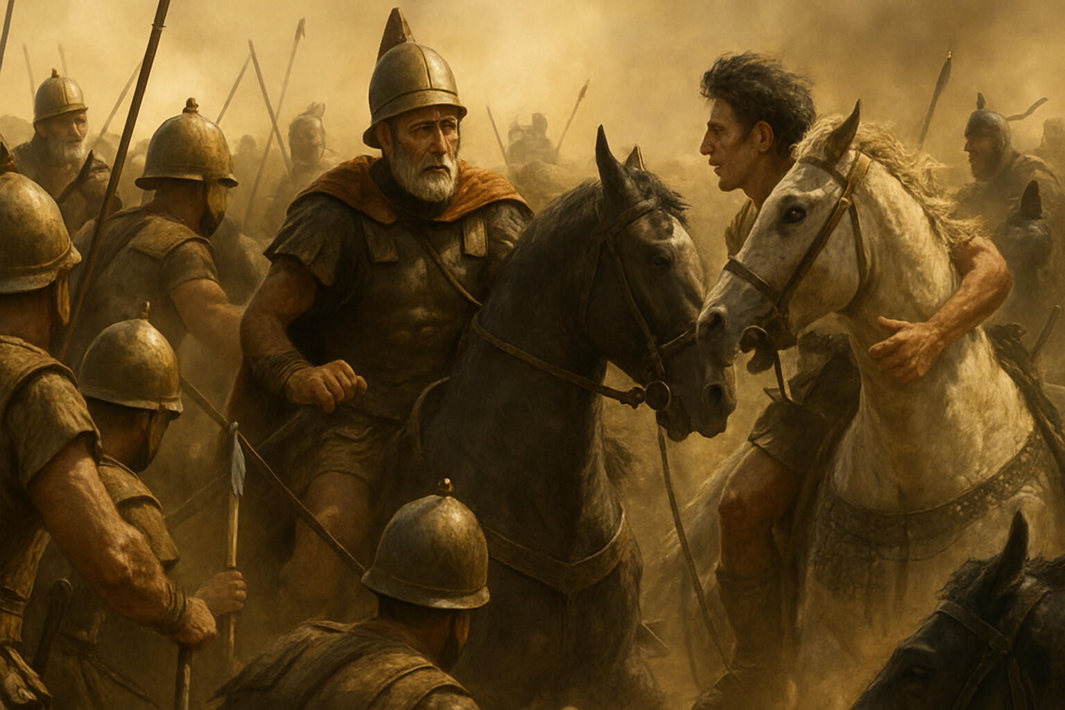 Intimate human scene: Parmenion on the Macedonian left wing during the crisis phase — surrounded by Thessalian cavalry, dust and chaos visible, his horse pressed among men fighting hand to hand, a messenger arriving from Alexander's sector.