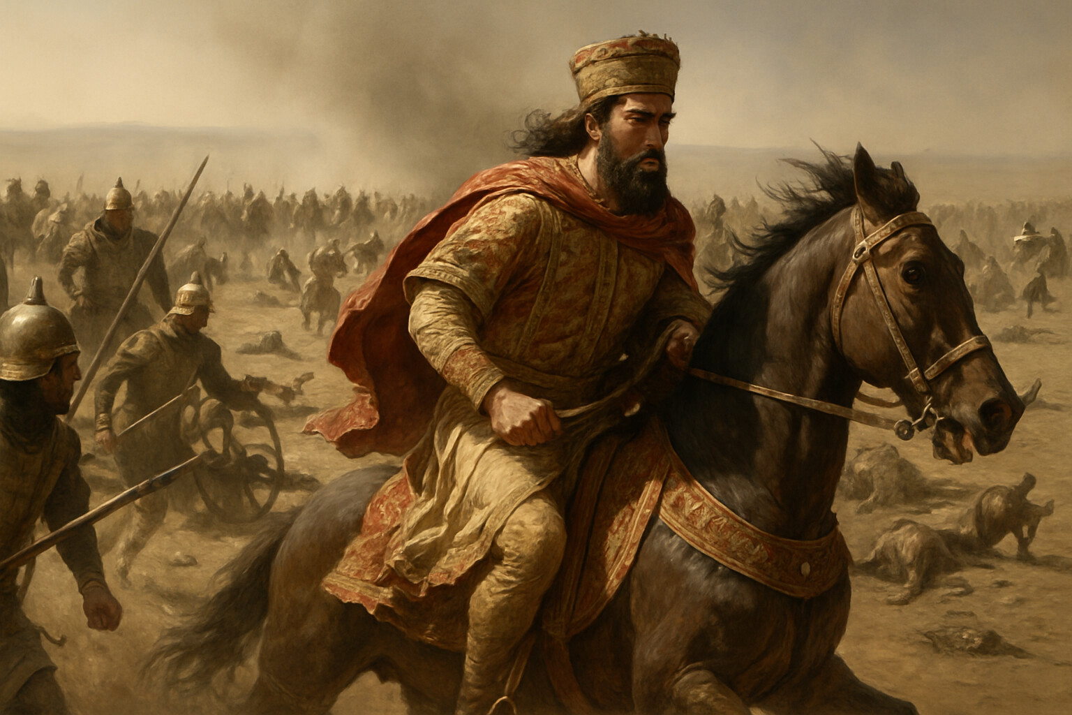 Aftermath scene: The flight of Darius — the Great King on horseback, royal chariot abandoned behind him, the Persian center disintegrating around him as he rides east, with pursuing Macedonian cavalry visible in the background dust.