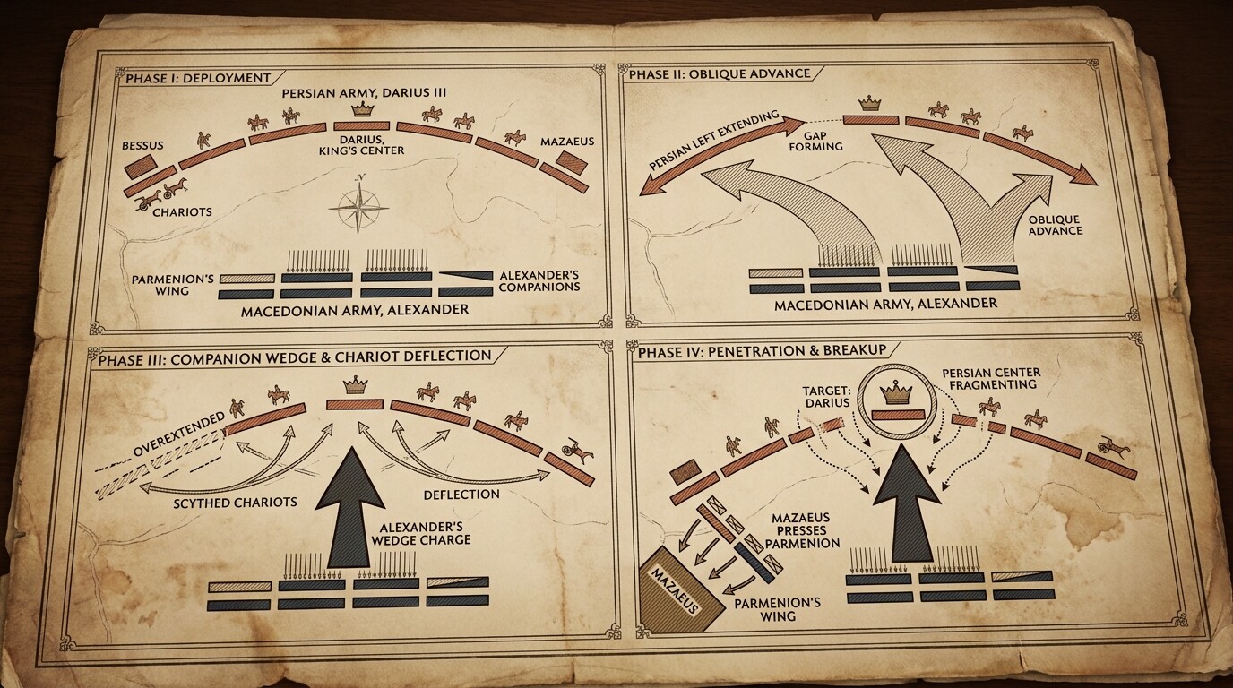 Source/technical diagram panel: A schematic tactical diagram of the Gaugamela battle phases — deployment, oblique advance, gap formation, and charge — in the style of a 19th-century military history atlas plate, showing both armies' movements with historical accuracy.