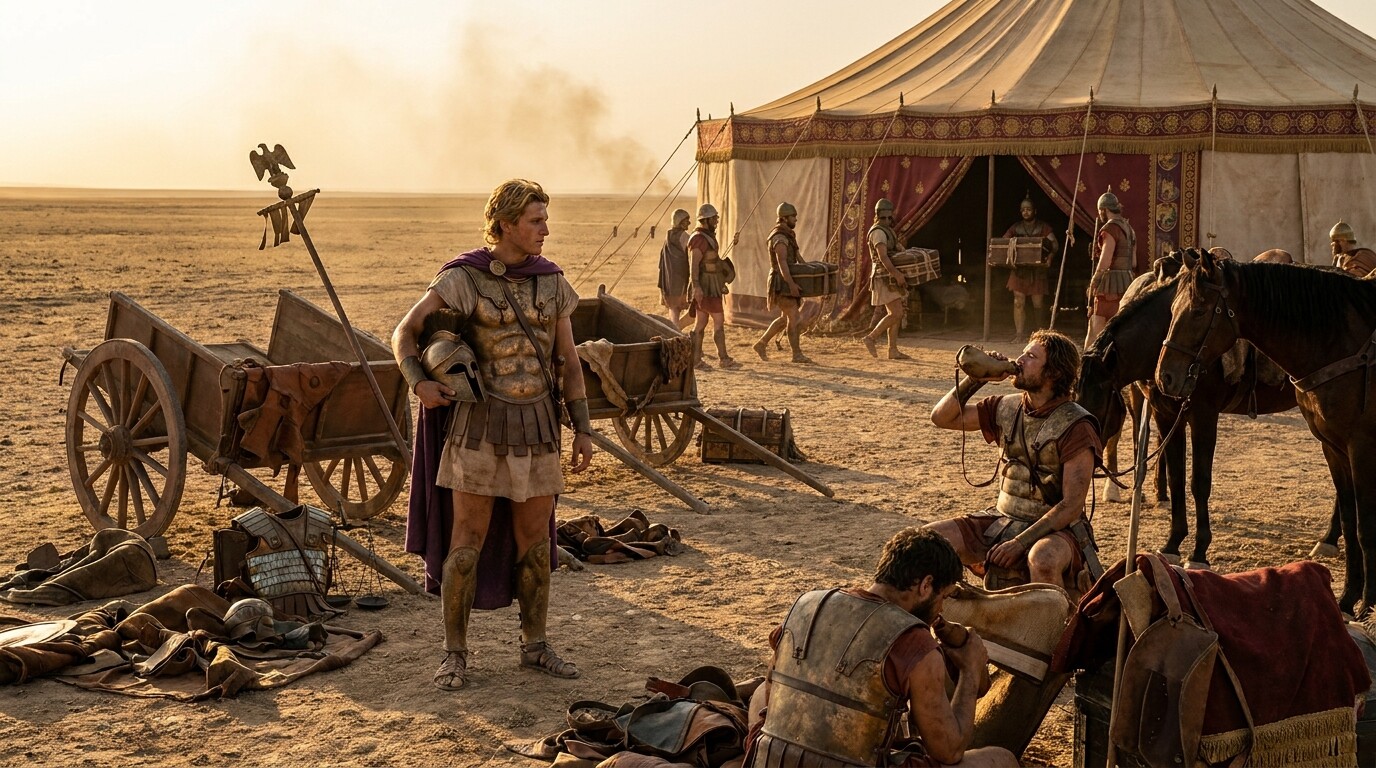 Story-specific visual: Alexander standing at the ruins of the Persian royal camp at Gaugamela after the battle — the plain stretching to the horizon, captured Persian standards and equipment visible, Alexander looking east toward where Darius has fled, the scale of what has just occurred visible in the expanse.