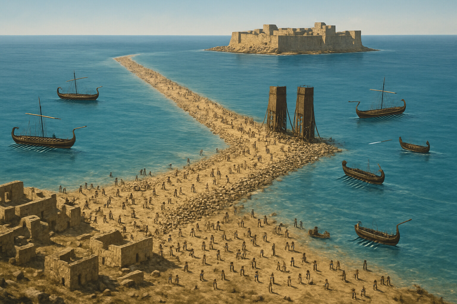 Map/route panel: Aerial or elevated perspective showing the coastline, the sea channel, and the growing causeway reaching from the mainland toward the island. Workers visible as small figures moving material. Tyrian warships visible circling the causeway's end.