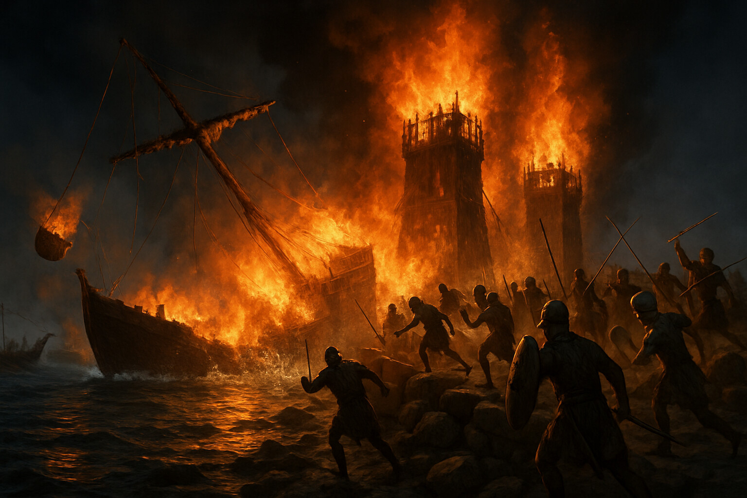The Tyrian fire ship strikes: A large burning ship, loaded with combustibles, has been driven into the end of the causeway. The two Macedonian wooden siege towers are on fire. Tyrian soldiers in galleys follow close behind, attacking the causeway. Macedonian workers flee or fight.
