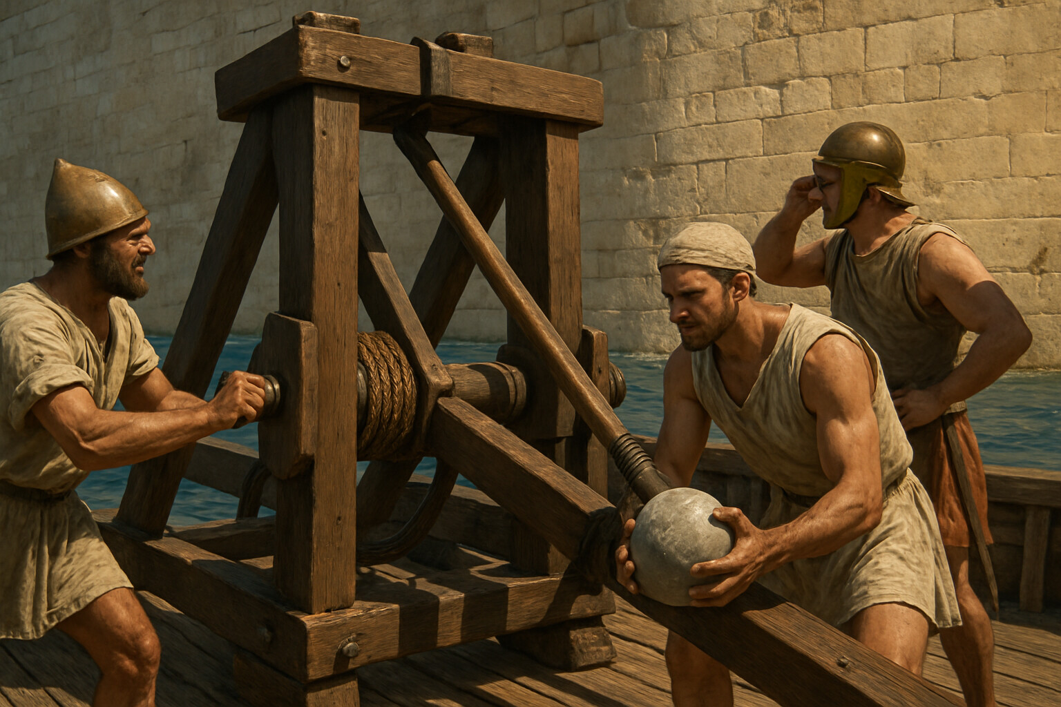 Equipment/weapon breakdown panel: Detailed close-up of a torsion catapult (lithobolos) mounted on the deck of a paired-ship floating siege platform, positioned against Tyre's wall. Crew members adjust the skein and load a stone ball. Tyre's wall is visible close behind.
