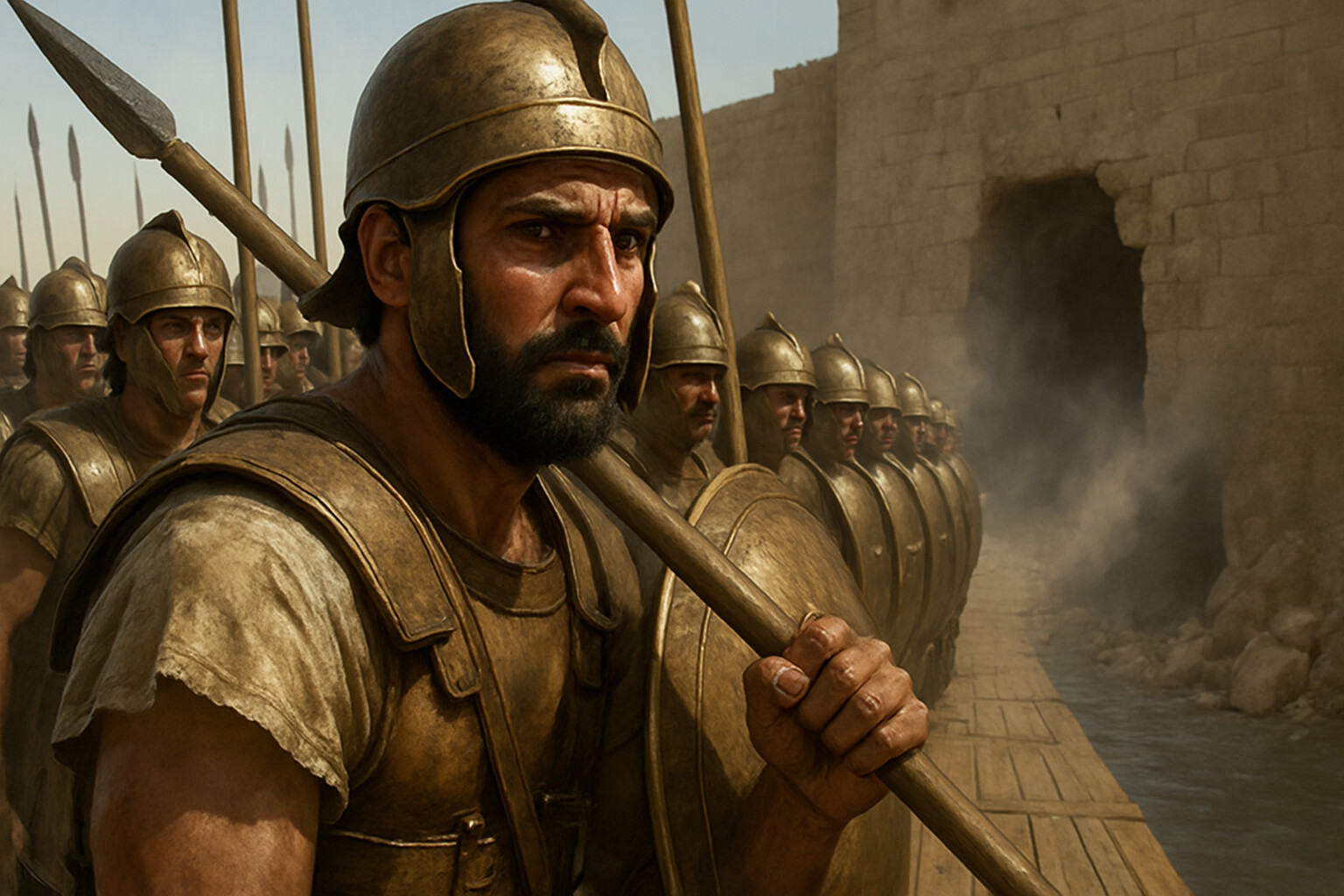 Intimate human scene: A Macedonian infantry soldier—one of the hyaspists—at the gangplank of the assault ship, waiting for the order to cross to the breach. His face shows exhaustion and controlled fear. Behind him, other soldiers wait in ranks, shields up. The breach in the Tyre wall is visible ahead.