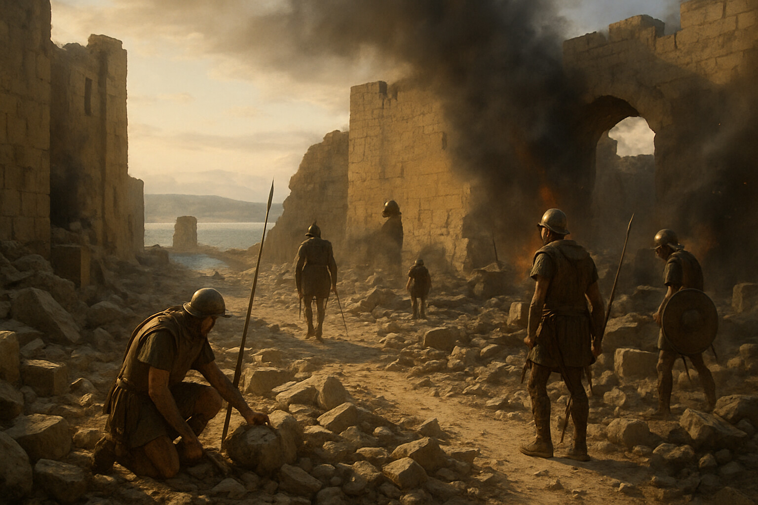 Aftermath/record scene: The aftermath inside Tyre after the city's fall. Macedonian soldiers move through rubble-filled streets. Smoke rises from burned buildings. The causeway is visible through a gap in the ruined wall, connecting the island to the mainland. A distant view of the sea.