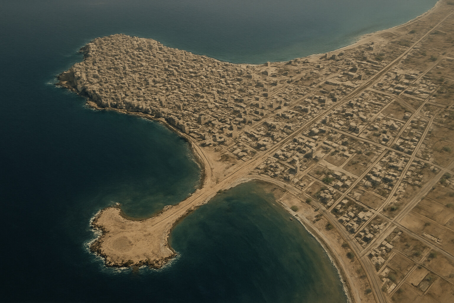 Legacy/geography panel: A modern-style satellite-view-inspired illustration showing the peninsula of modern Sour (ancient Tyre) in Lebanon from a high aerial perspective, with the isthmus clearly visible and labeled annotations suggesting the ancient causeway beneath it. A visual connection between ancient and modern.