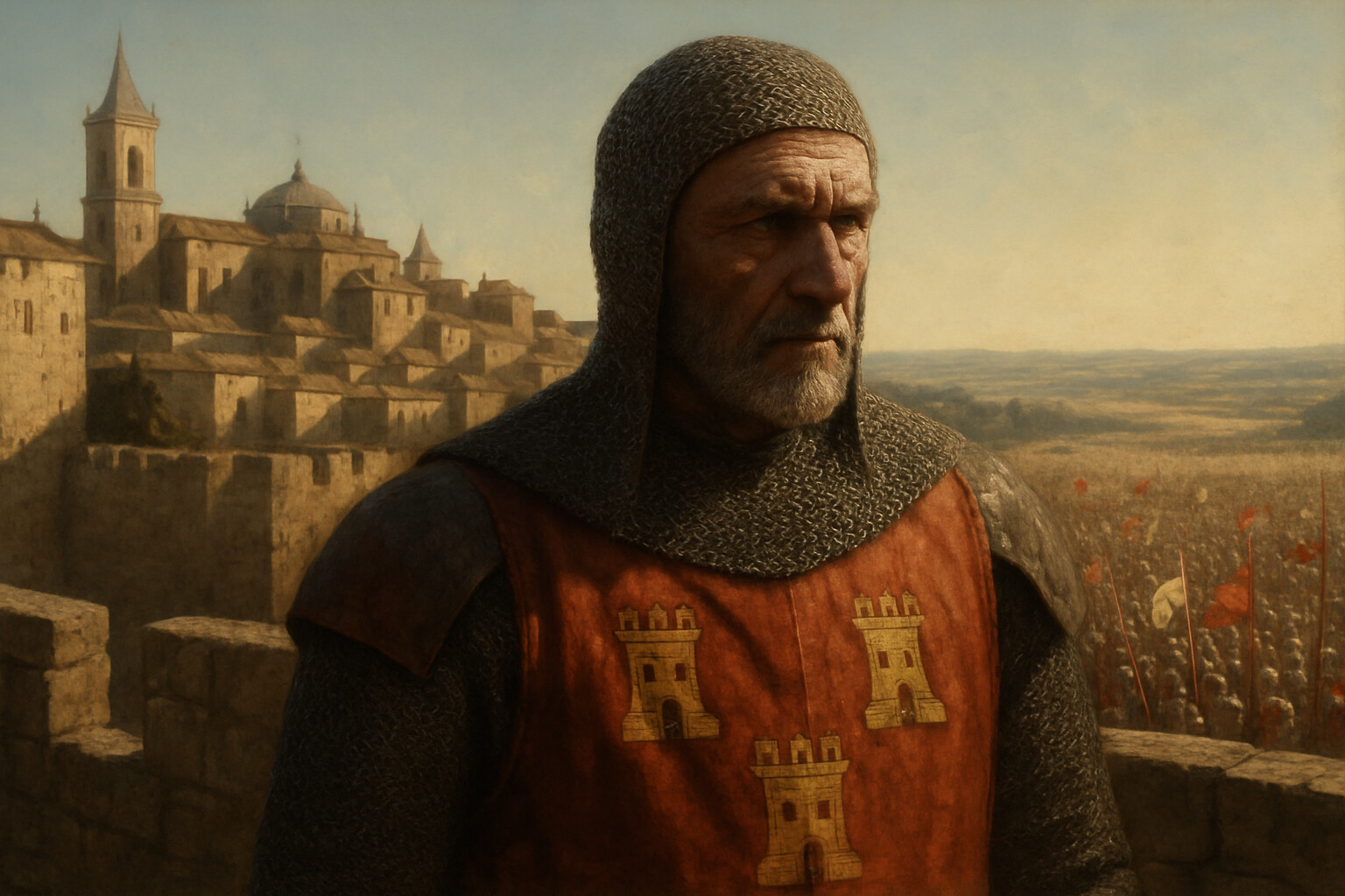 Portrait of Alfonso VIII of Castile in the months before the campaign — a man in his mid-fifties, weathered by decades of warfare and the memory of the Alarcos defeat, reviewing the assembly of coalition forces at Toledo in the summer of 1212.