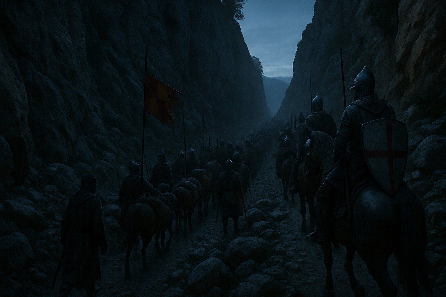 The Sierra Morena mountain passage — the Christian coalition moving in column through a narrow, rocky Iberian mountain pass in the pre-dawn darkness, guided by a local figure, emerging onto the elevated plateau on the southern side with the Andalusian plain opening below them.