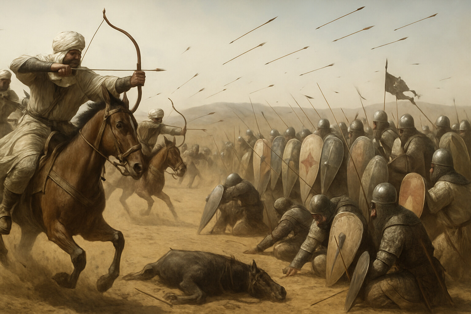 The battle's opening phase: Almohad light cavalry and mounted archers sweeping toward the Christian vanguard in a wide arc, composite bows drawn, the Christian shield wall under Diego López de Haro absorbing arrow fire on the plateau.