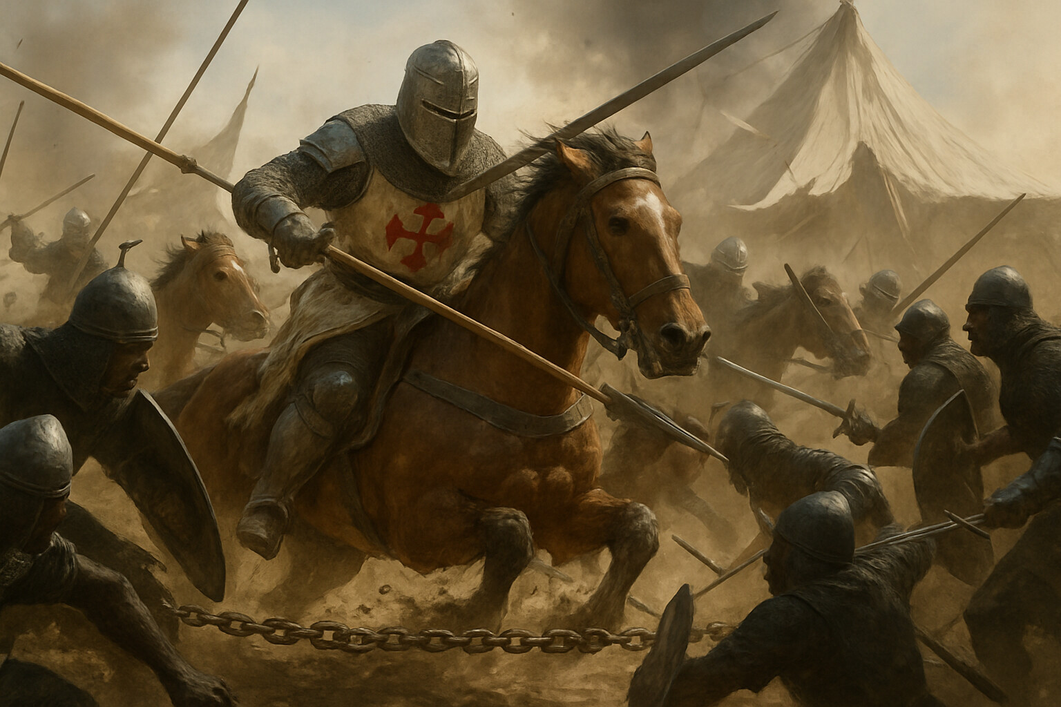 The decisive moment: Sancho VII of Navarre and his heavy cavalry charging through or past the Almohad chain perimeter, lances down, the chain visible being ridden over or broken through, the Black Guard's final resistance.