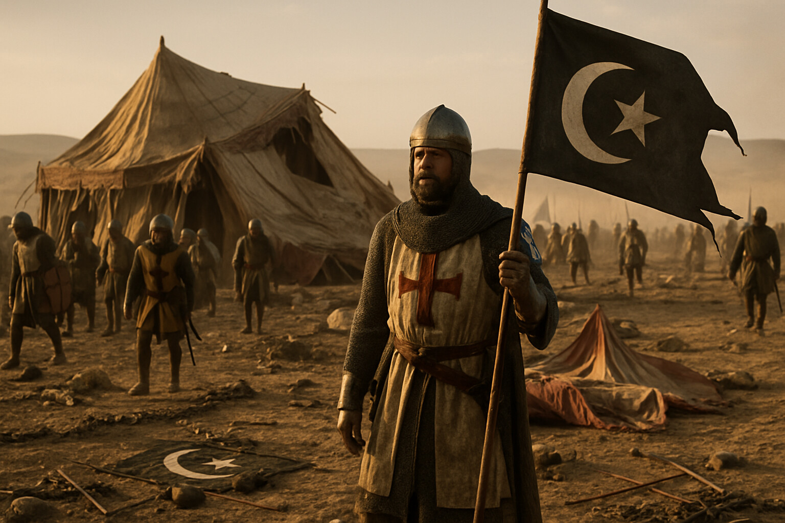 Aftermath on the plateau: the Almohad camp captured and overrun, the great tent collapsed, the caliph's standard on the ground, Christian soldiers among the debris, exhausted and victorious, surveying the scale of what they have done.