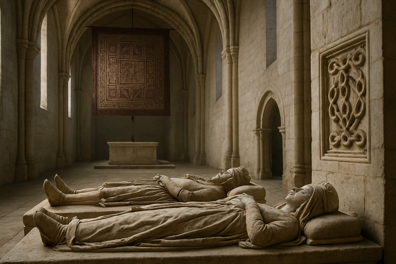 Legacy panel: The Monastery of Las Huelgas in Burgos, Alfonso VIII's royal pantheon — the captured Almohad standard hanging in the church interior, the tombs of Alfonso and Eleanor visible, and a detail of the chains of Navarre incorporated into heraldic stone carving — a visual thread connecting 1212 to the present.