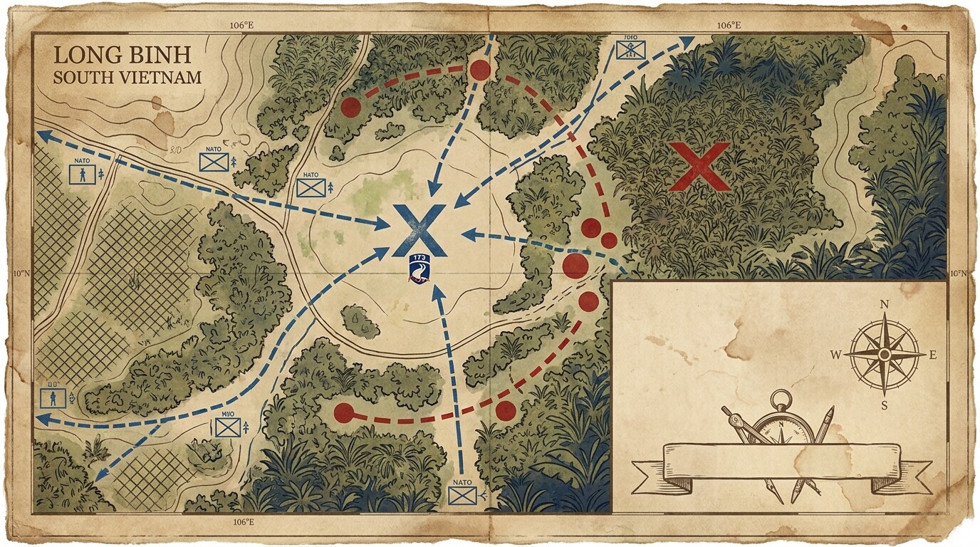 Overhead tactical map showing the ambush site near Long Binh with patrol routes and enemy positions