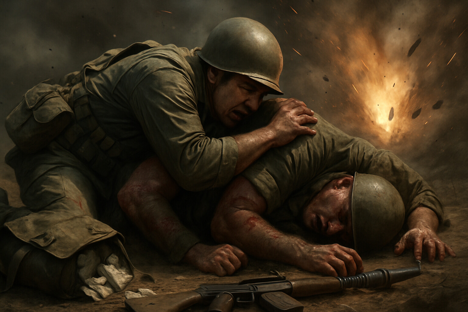 Rascon using his body to shield a wounded soldier from an exploding rifle grenade
