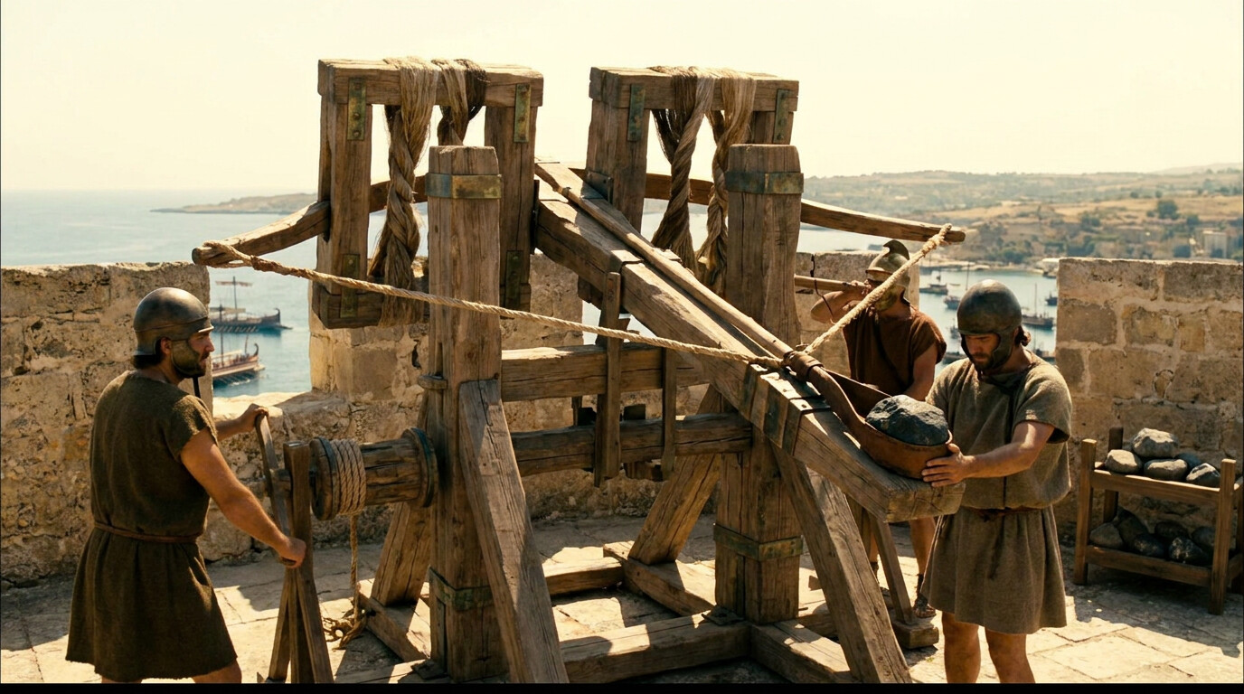 Equipment breakdown panel: A large torsion catapult (lithobolos) in detail, with its crew preparing to fire at the Roman fleet