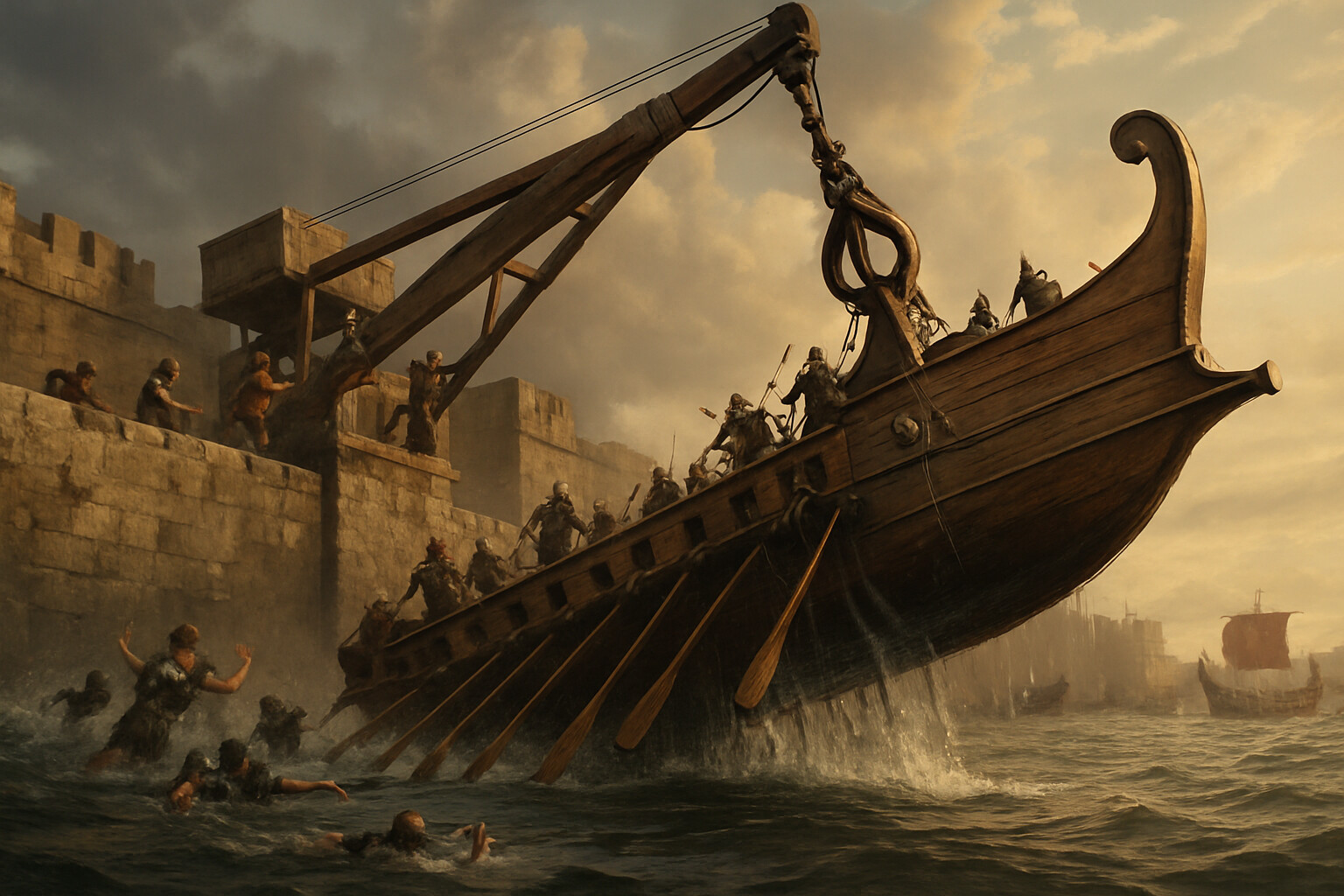 Action panel: The Archimedean crane claw seizing a Roman quinquereme by the bow and lifting it from the harbor water
