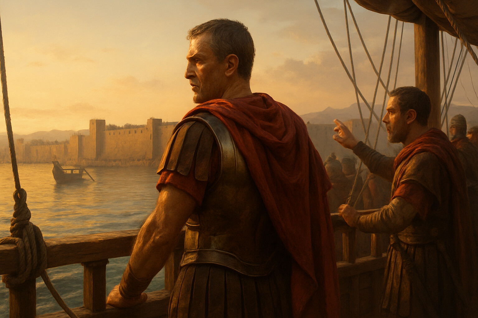 Intimate human scene: Marcellus watching from his flagship as his assault fails, studying the city's walls