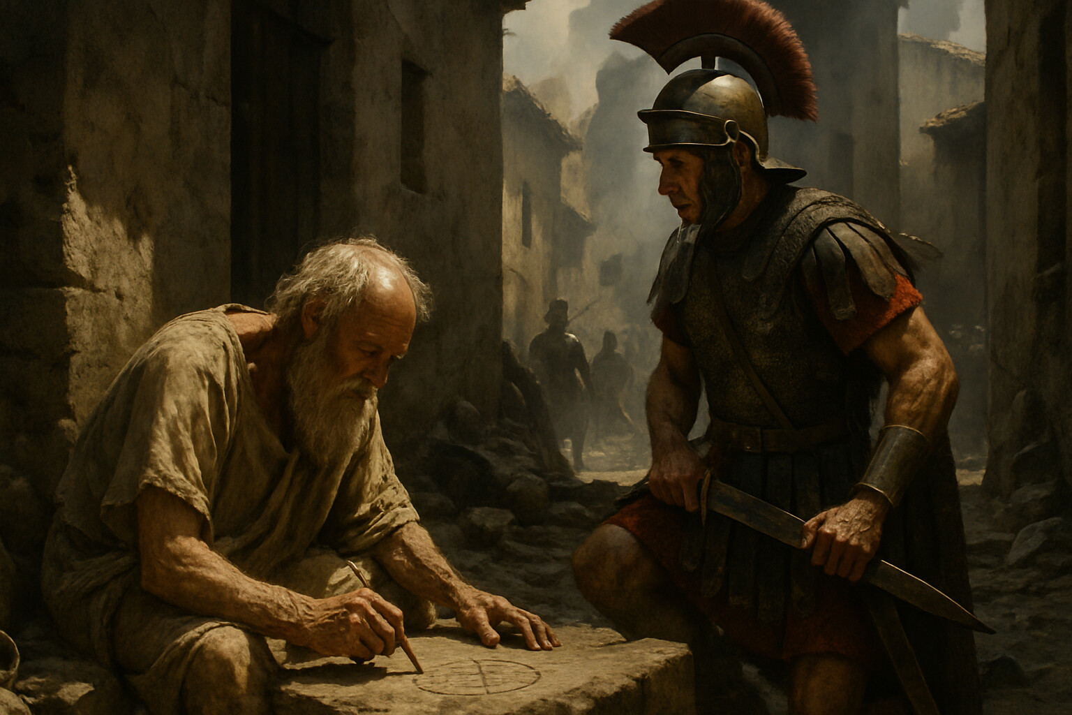 Aftermath/record scene: A Roman soldier finding Archimedes working on a mathematical diagram during the fall of the city