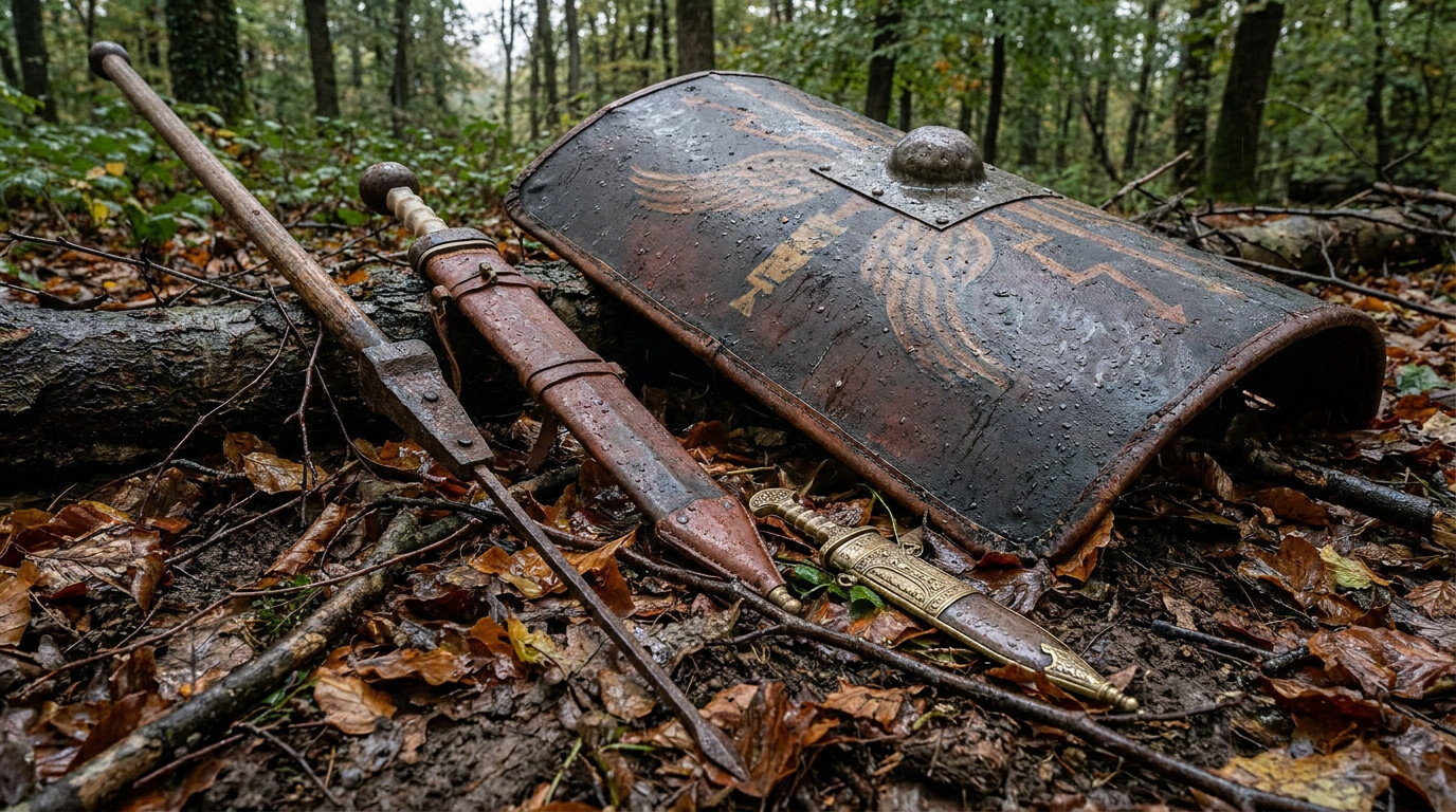 Equipment breakdown panel: a careful, close-up documentary illustration of a Roman legionary's full kit — pilum, gladius, scutum — laid out against the wet forest floor, rain falling on soaked leather and iron.