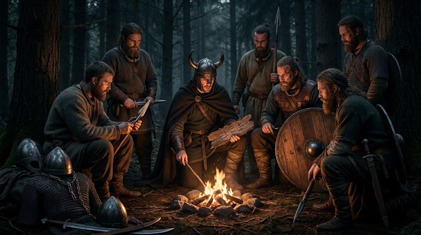 Intimate human scene: Arminius in a firelit forest clearing the night before the battle, surrounded by tribal leaders from multiple Germanic groups, conducting the final coordination meeting. The tension of the last hours before the ambush.