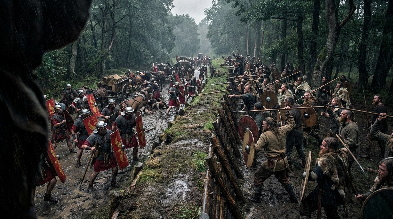 The ambush breaking: the moment the Germanic warriors rise from behind the turf wall and the forest erupts, the Roman column below dissolving into chaos as frameas fall and the formation collapses.