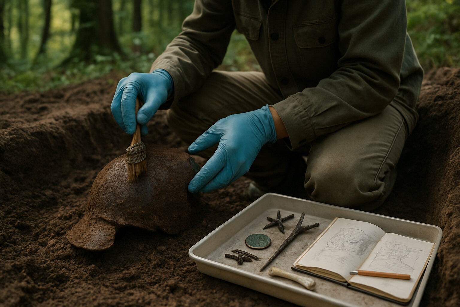 Aftermath and record: the Kalkriese archaeological excavation — a modern archaeologist's hands carefully brushing soil from a Roman legionary's iron helmet fragment, with a finds tray showing a coin, caltrops, and bone fragments nearby.