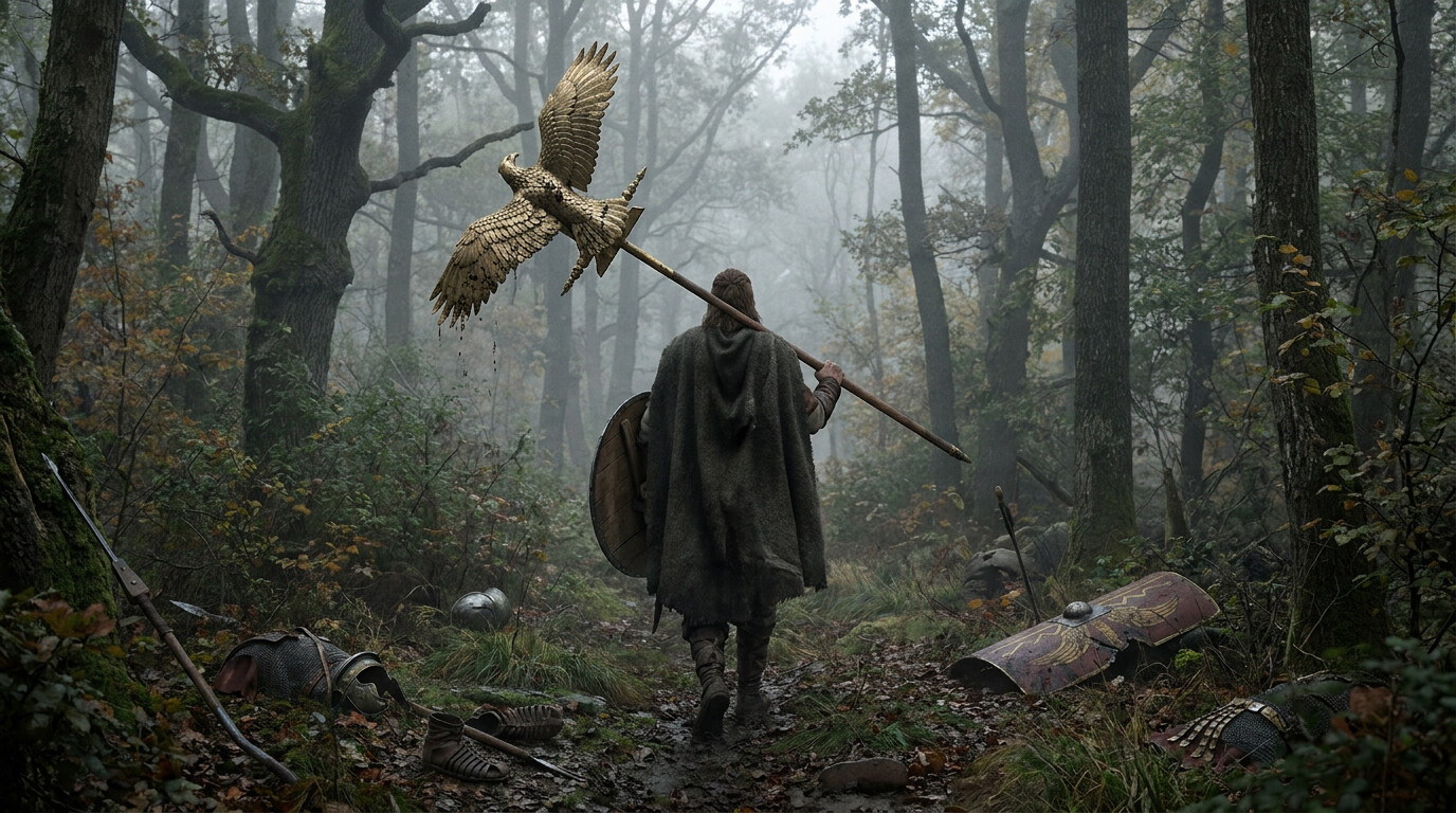 Legacy panel: the recovered Roman legionary eagle standard — a gilded eagle on a pole — being carried by a Germanic warrior through the forest after the battle's end. The symbol of three destroyed legions, captured.