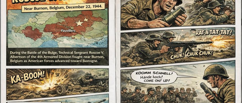 Graphic novel panels depicting TSgt Albertson's mortar action at Burnon