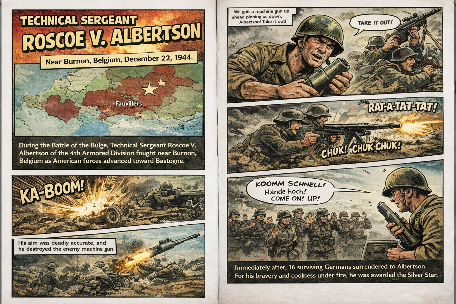 Graphic novel panels depicting TSgt Albertson's mortar action at Burnon