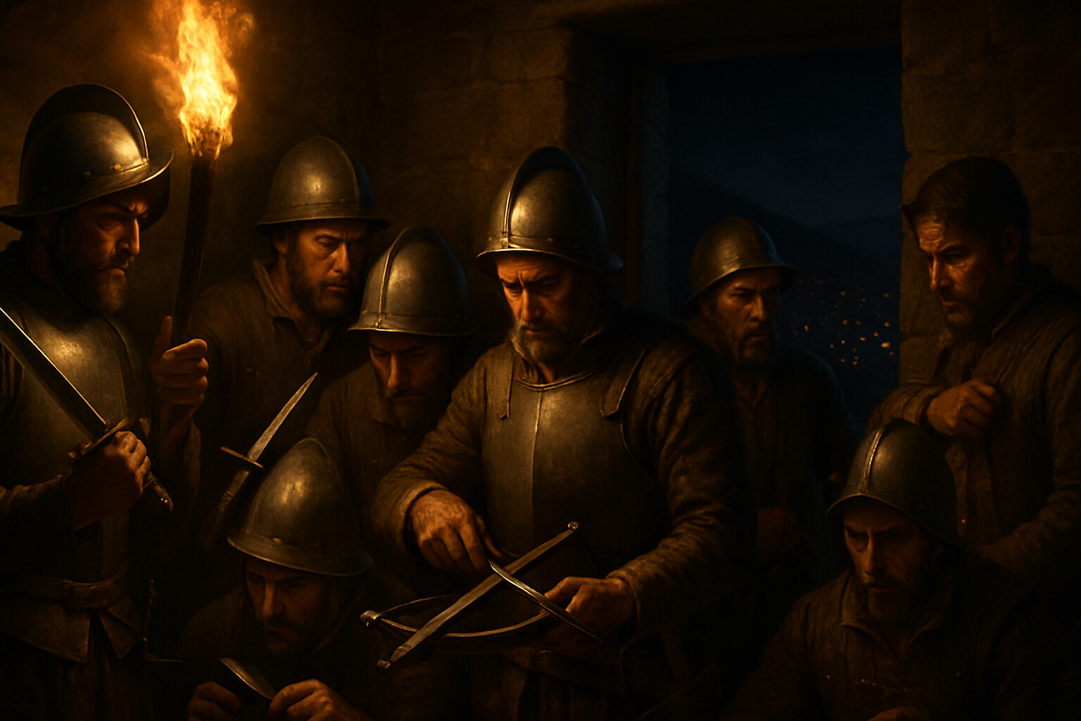 The night before: Spanish soldiers inside the dark buildings surrounding the plaza, checking swords and harness in torchlight, visible fear on their faces as they look through stone doorways at the vast glow of thousands of Inca campfires on the hills above the city.