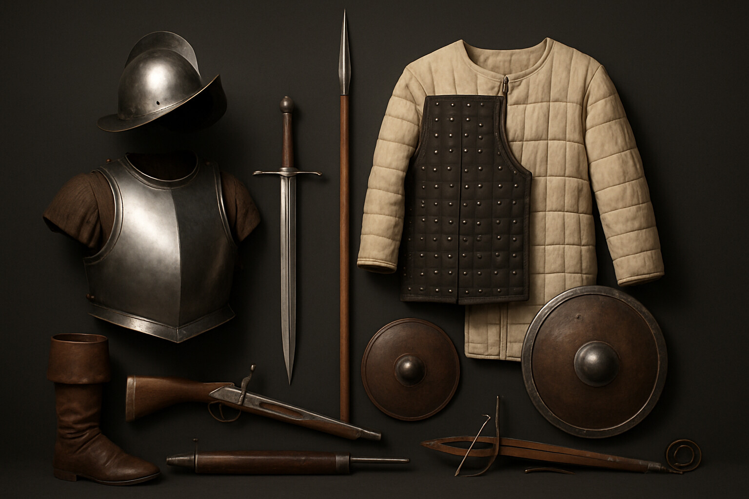Equipment breakdown panel: detailed illustration of the Spanish conquistador's arms and armor kit of 1532 — steel sword, morion helmet, brigandine armor, adapted multi-layer cotton coat, lance, and the transition from full plate to practical field equipment in the Americas.
