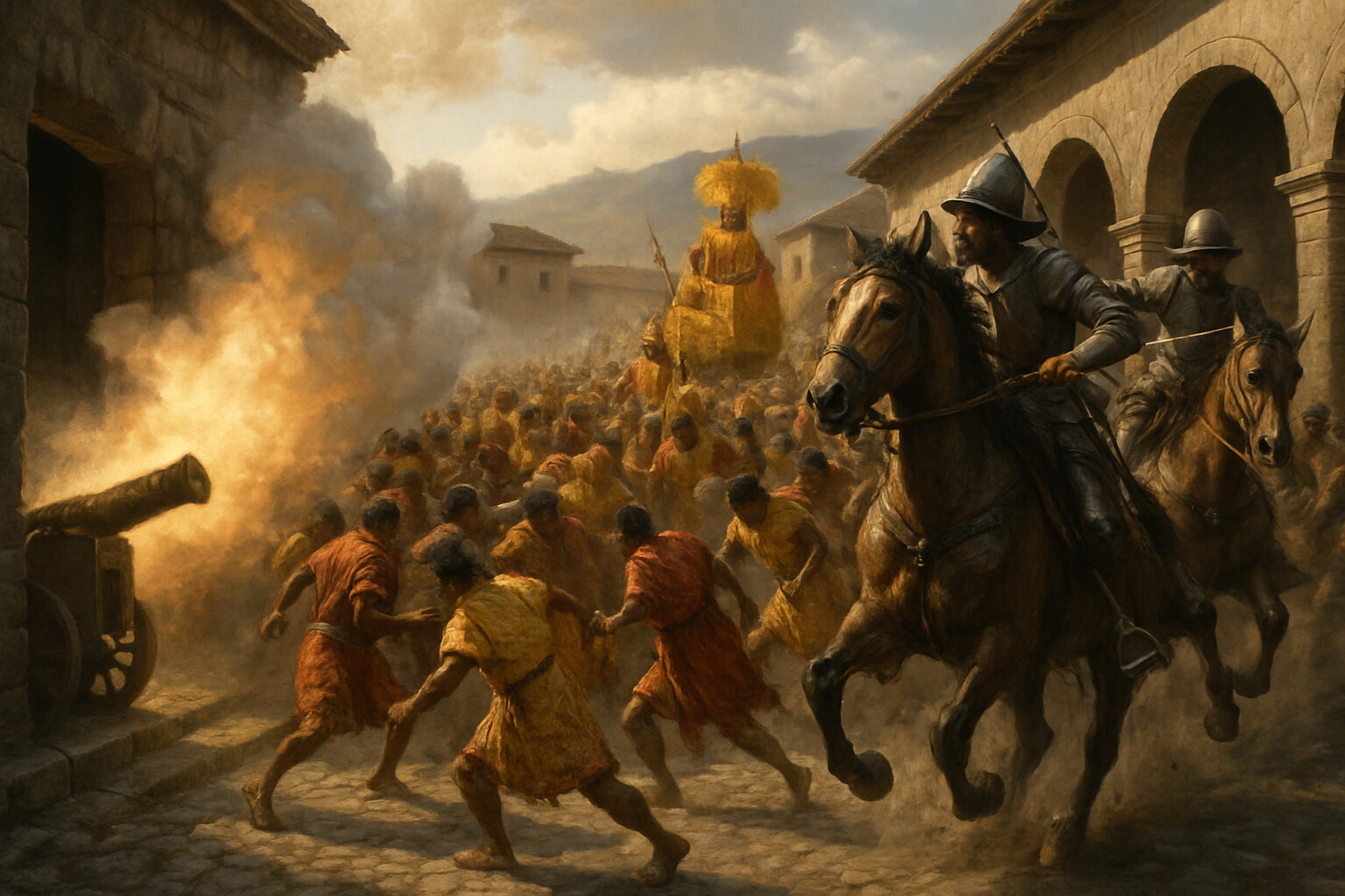 The moment of the attack: the cannon fires from the building at the edge of the plaza, simultaneously with Spanish cavalry erupting from the colonnade at a gallop into the mass of Inca attendants — smoke, noise, bodies, and the emperor's golden litter still visible above the surging crowd.