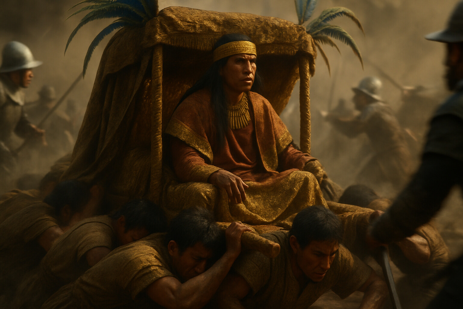 Intimate human moment: Atahualpa on his litter surrounded by noble bearers who have thrown themselves beneath it to prevent it touching the ground — each being cut down in sequence, others immediately taking their place — the emperor's face composed and still amid the catastrophe.