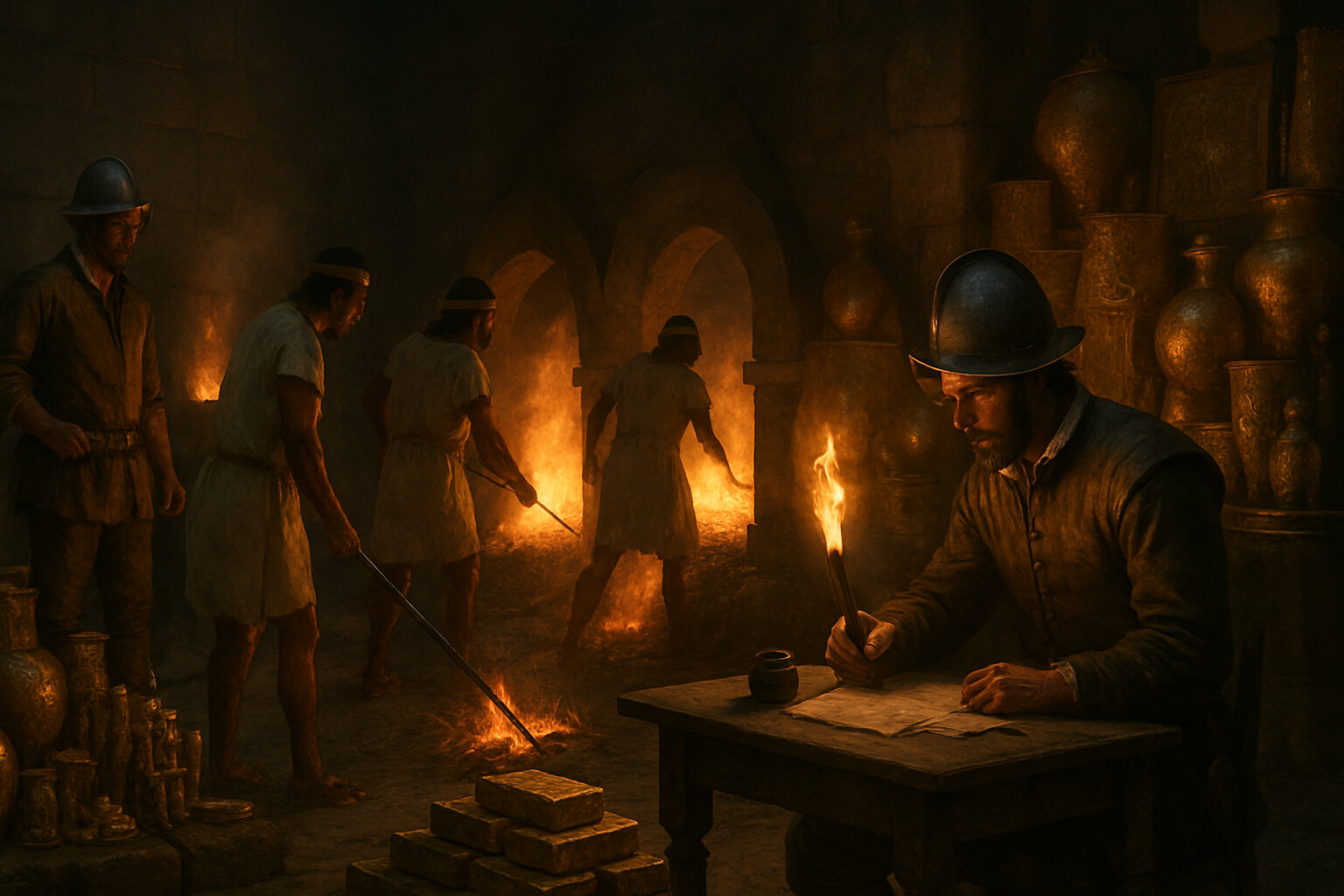 Aftermath and record: the smelting of Atahualpa's ransom — Spanish soldiers and Inca gold workers around large fires, melting down sacred Inca gold and silver vessels and architectural pieces into rough ingots, Spanish scribes recording the quantities by torchlight.