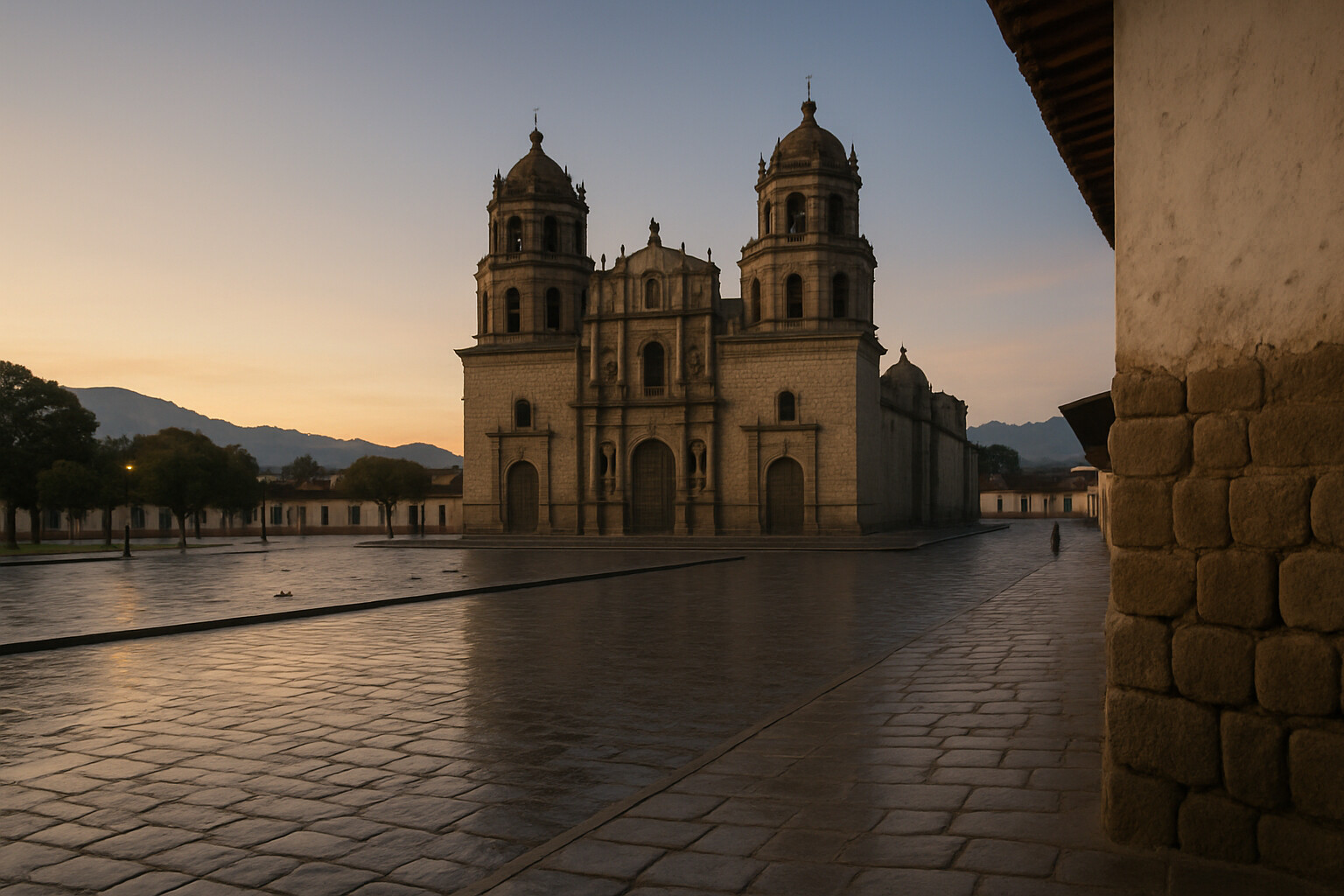Legacy panel: the modern Cajamarca Plaza de Armas at dawn, quiet and beautiful in the Andean morning, with the colonial-era cathedral rising above the same space where the ambush occurred — the weight of what happened here visible in the scale of the plaza and the silence.