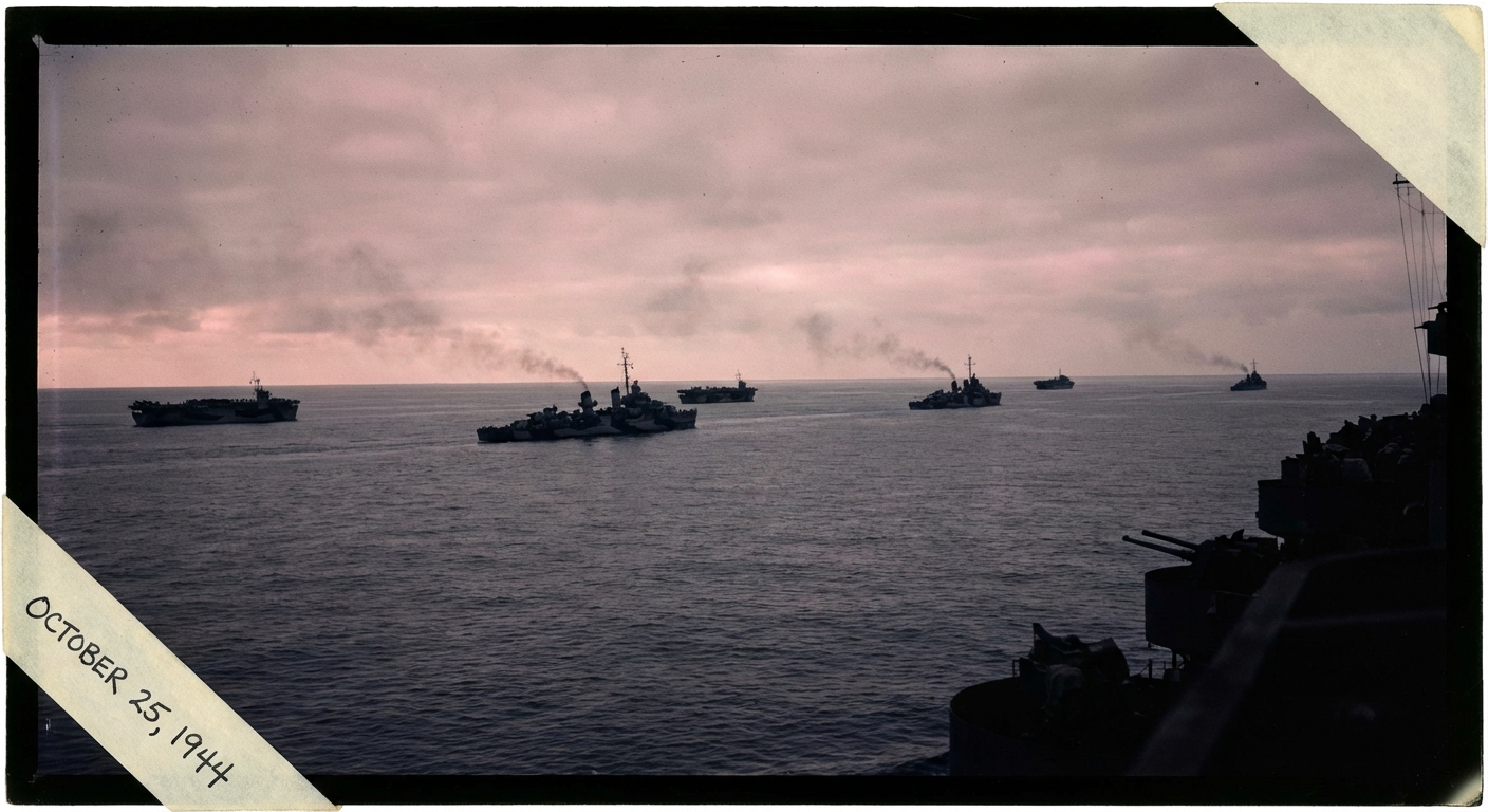 Escort carriers launch aircraft into a dawn sky as lookouts spot pagoda masts on the horizon.