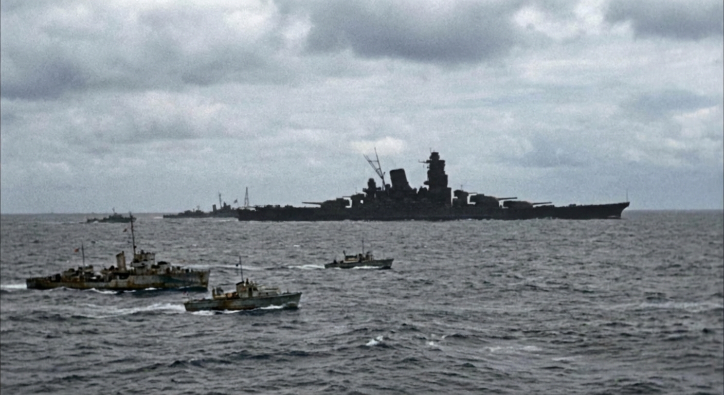 USS Johnston wheels into a torpedo attack through towering shell splashes.