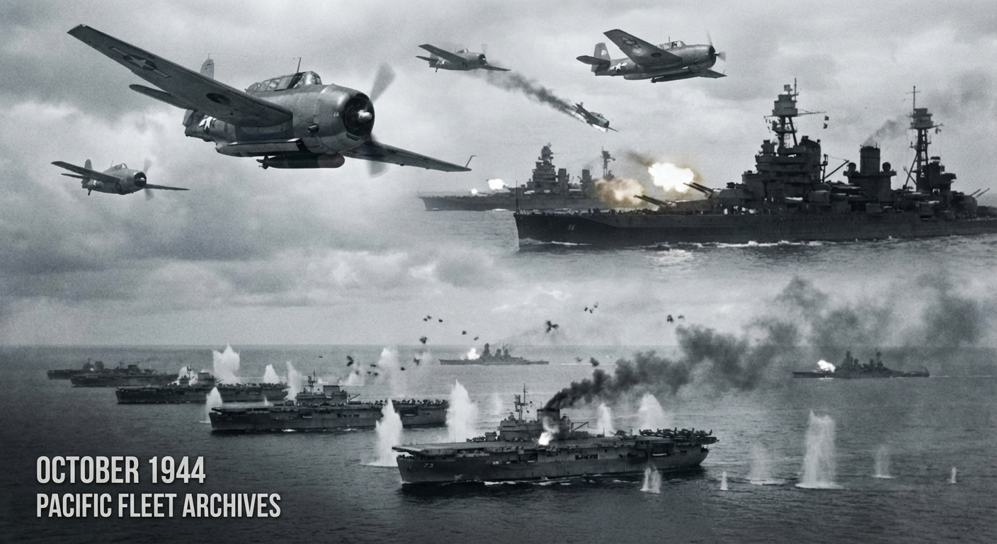 Shellfire tears through Gambier Bay as carriers vanish in smoke squalls.