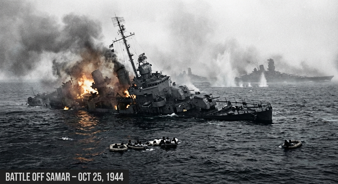 Japanese heavy ships turn away while survivors watch from the sea.