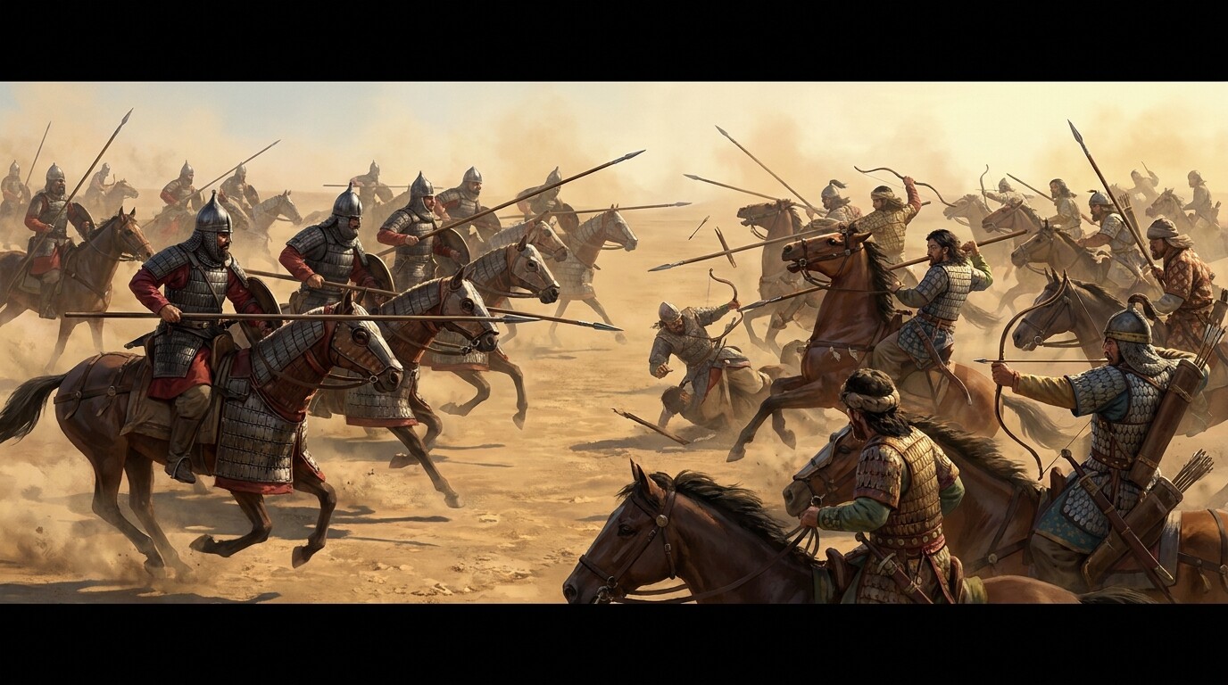 The decisive counterattack moment at Dara: Hunnic cavalry under Sunicas and Aigan launch the flanking strike against the Persian cavalry that has broken through on the left. The Persian horsemen, in mid-momentum, suddenly face a new threat crashing in from their exposed flank.