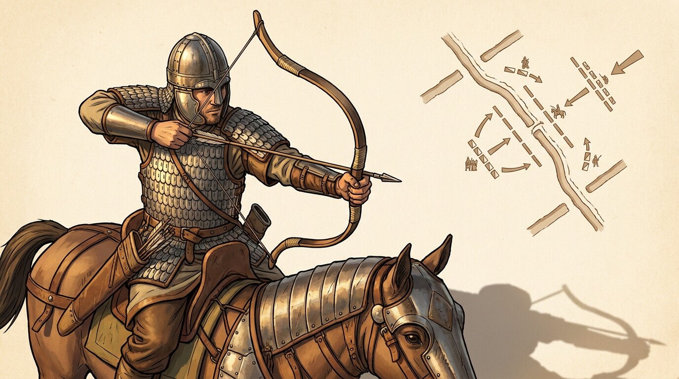Equipment and tactical diagram scene: A detailed visual breakdown of the Byzantine composite bow and its tactical use by mounted archers, showing the weapon's components, a mounted archer in action, and a background showing the Dara trench geometry from above.
