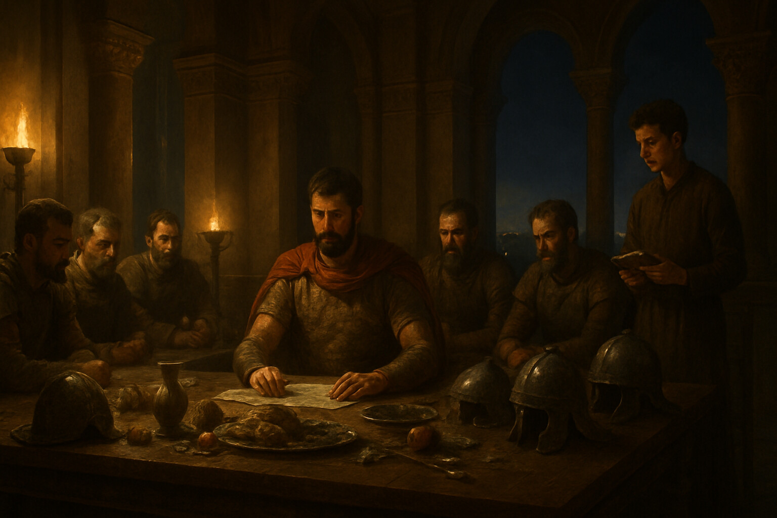 Intimate human scene: Belisarius in the command tent at Carthage the evening after its capture, September 14, 533. Staff officers, Procopius visible among them, gather around a table. The captured Vandal palace's opulence contrasts with the tired, dusty soldiers who have just completed a rapid campaign. The moment of unexpected, almost disbelieving success.