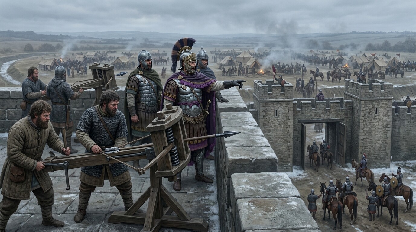The siege of Rome, 537-538: Belisarius directing cavalry sortie operations from a section of the Aurelian Walls, with the torsion artillery crews visible on the rampart and the Ostrogothic encampment visible in the distance beyond the walls.