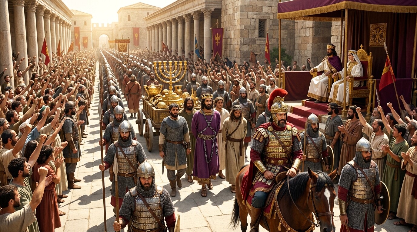The triumph of 534: the procession through Constantinople displaying the captured Vandal king Gelimer walking before Justinian's throne, surrounded by plundered treasure including items identified as sacred objects. The scale of the display and the crowd.