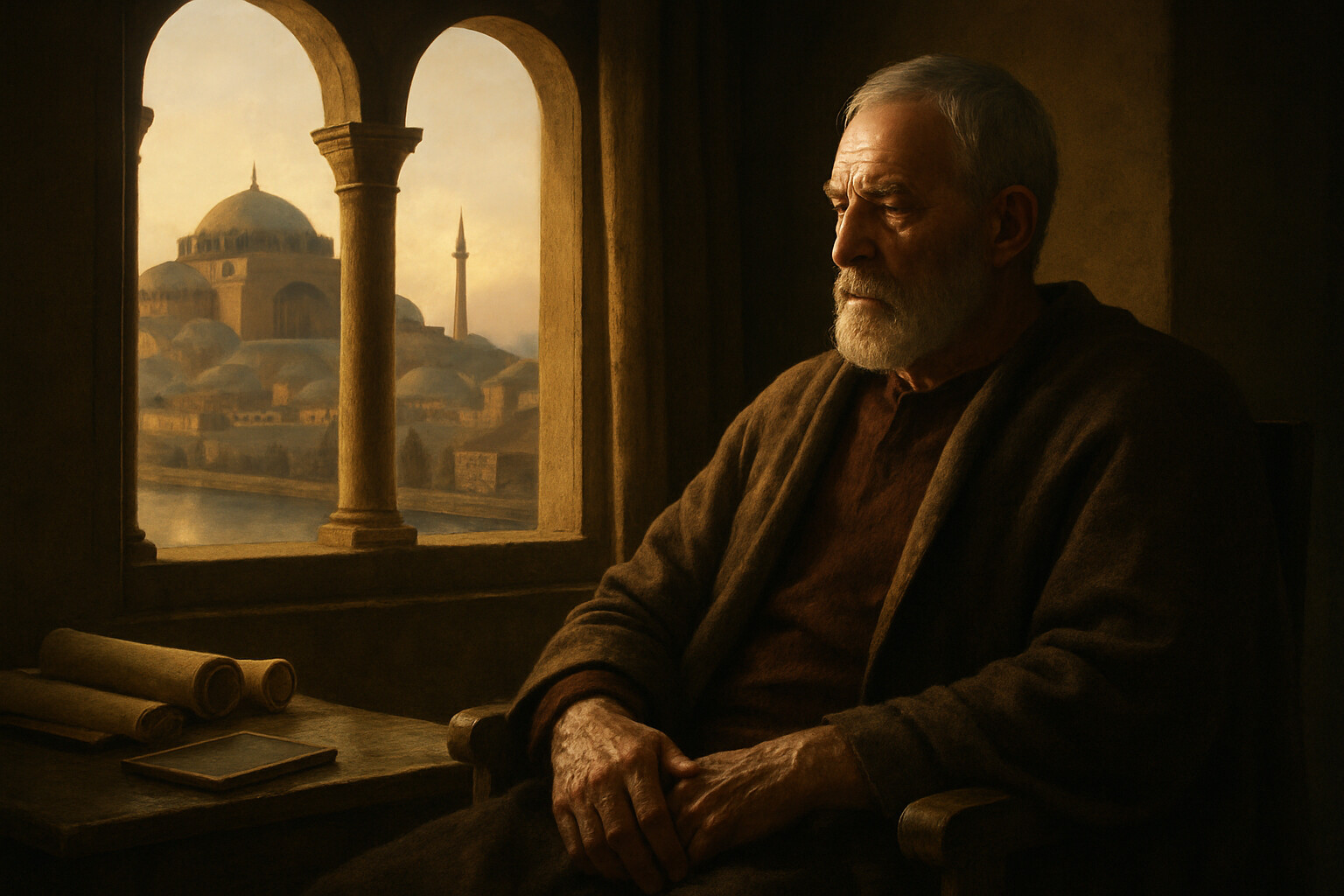 Legacy and end: Belisarius in later life, an old soldier in a quiet setting in Constantinople, the city's skyline behind him. The mood is reflective, neither heroic nor defeated — a man who has outlived his campaigns and served a state that could never quite decide whether to trust him.