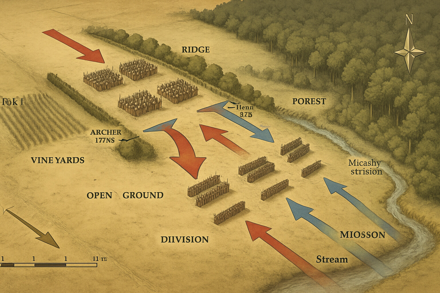 Aerial or elevated view map panel: the battlefield geography made visual. The ridge, the hedge line, the forest anchoring the right, the marshy Miosson stream, the open ground the French must cross, the approximate positions of English divisions and archer wings, and the French army's four divisions assembled in the distance.