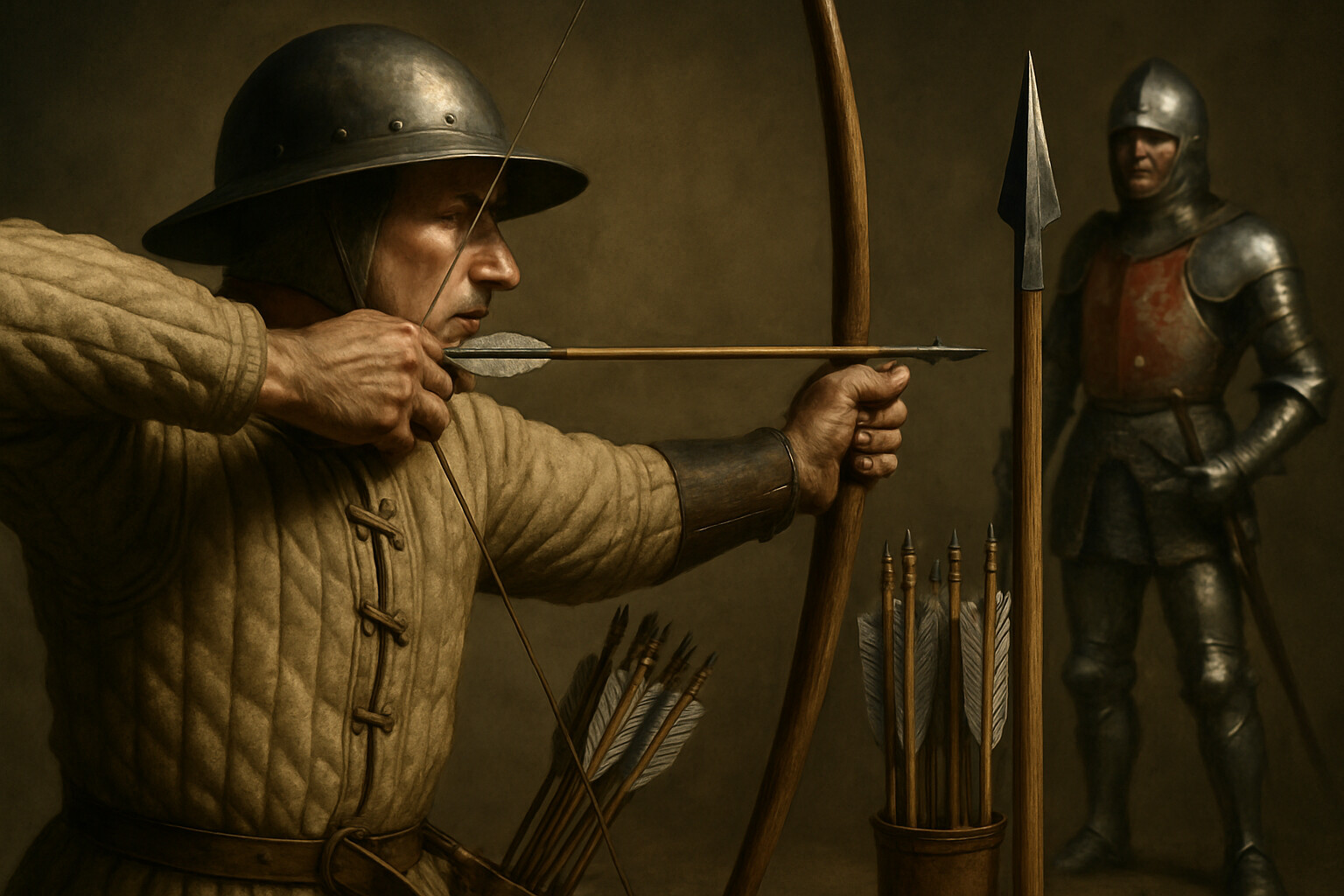 Equipment breakdown panel: a detailed, close, studio-style depiction of the weapons and armor of an English archer of the period—the war bow at full draw, the bodkin arrow, the bracer, the arrow bag, the simple armor of a common soldier contrasted with the plate armor of a man-at-arms visible in the background.
